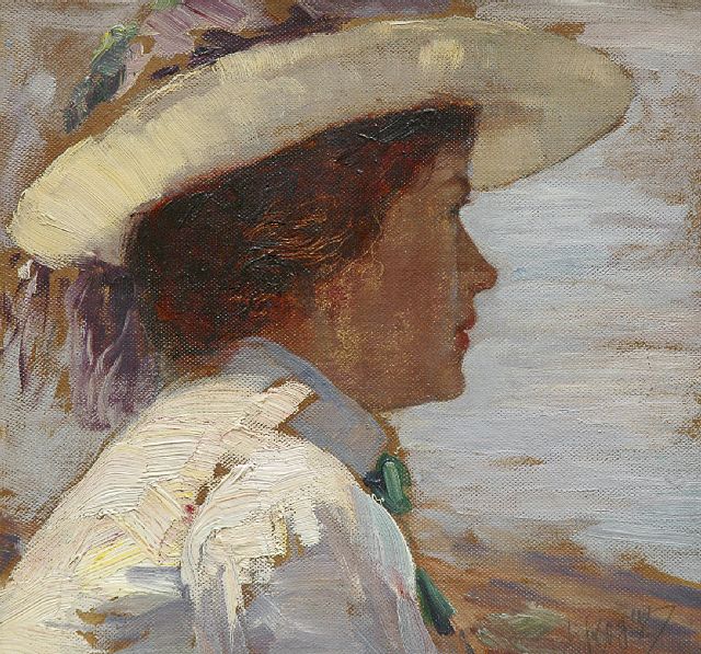 Rogge A.  | Dame met hoed uitkijkend over zee, olieverf op board 23,9 x 25,0 cm, gesigneerd r.o.