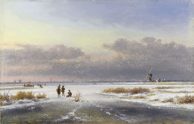 Lodewijk Johannes Kleijn | Weids ijsgezicht met figuren en molens, olieverf op paneel, 33,5 x 52,0 cm, gesigneerd r.o.