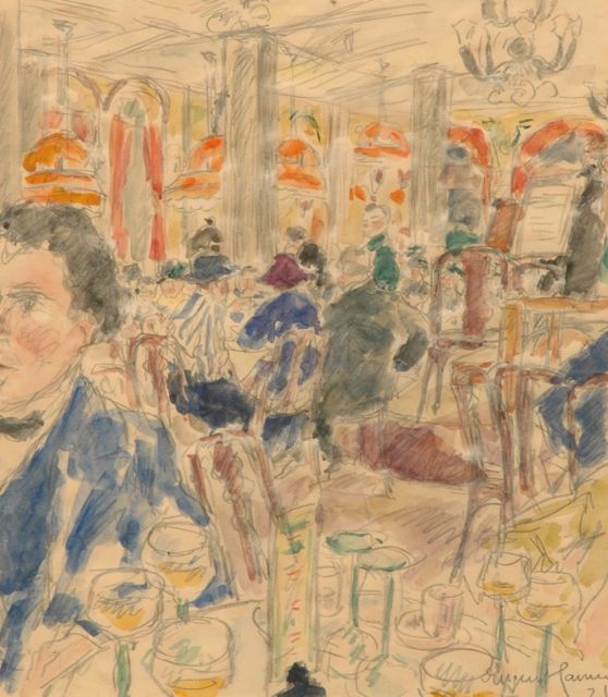 Eugen Hamm | In het koffiehuis 'Drei Könige' in Leipzig, potlood en aquarel op papier, 33,3 x 29,3 cm, gesigneerd r.o. en gedateerd '21