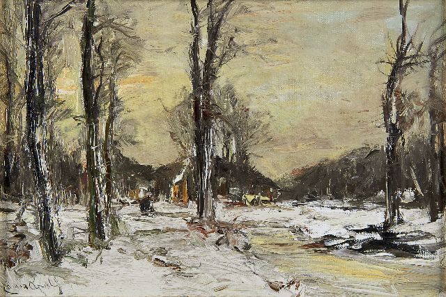 Louis Apol | Winterlandschap met boerderij, olieverf op doek op paneel, 23,4 x 34,1 cm, gesigneerd l.o.