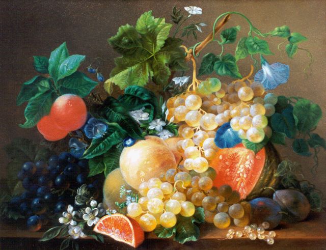 Singendonck D.J.  | Stilleven met fruit en bloemen op een marmeren plint, olieverf op paneel 35,5 x 46,3 cm, gesigneerd l.o.