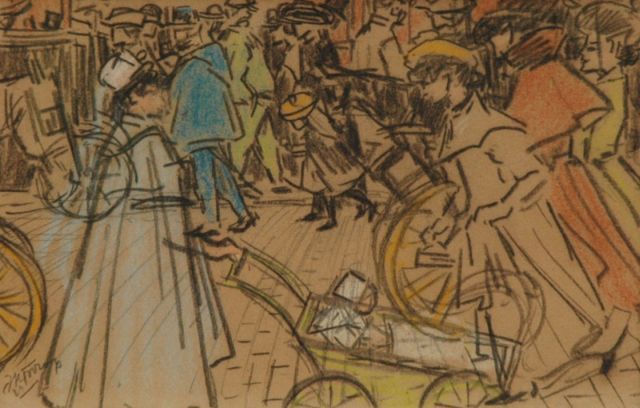 Jan Toorop | Wandelaars op een Parijse boulevard, potlood en gekleurd krijt op papier, 15,1 x 23,2 cm, gesigneerd l.o. en te dateren ca. 1903