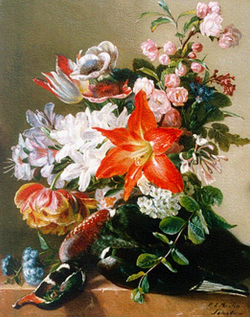 Schot F.L.  | Stilleven van bloemen en Carolina eend, olieverf op paneel 43,5 x 34,8 cm, gesigneerd r.o.