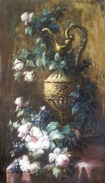 Hendrickx M.A.  | Stilleven met rozen en sierkan, olieverf op paneel 27,1 x 15,1 cm, gesigneerd r.b.