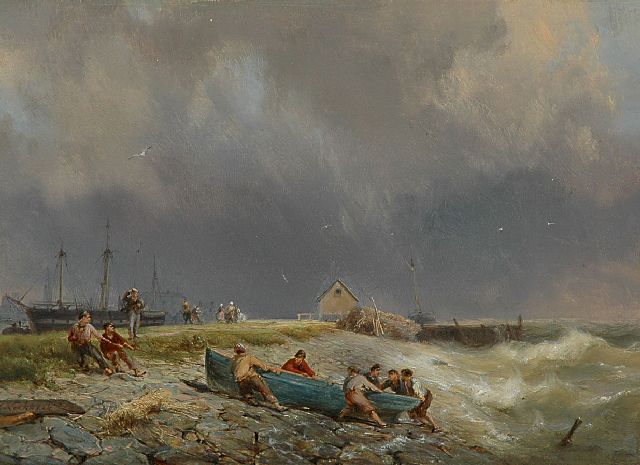 Hermanus Koekkoek | Het binnenhalen van de vissersboot, olieverf op paneel, 19,1 x 26,2 cm, gesigneerd l.o.