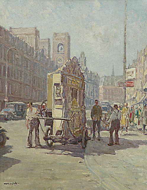 Willem Noordijk | Orgelman op het Amsterdamse Damrak, olieverf op doek, 50,3 x 40,0 cm, gesigneerd l.o.