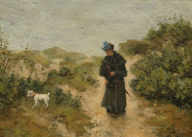 Robert Ives Browne | Wandelen met de hond, olieverf op doek op board, 31,7 x 44,0 cm, gesigneerd r.o.