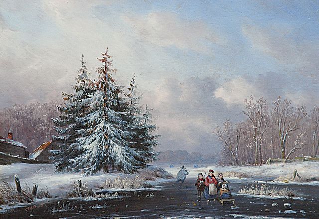 Carl Eduard Ahrendts | Boomrijk sneeuwlandschap met schaatsenrijder en slede, olieverf op paneel, 18,2 x 25,9 cm, gesigneerd l.o.