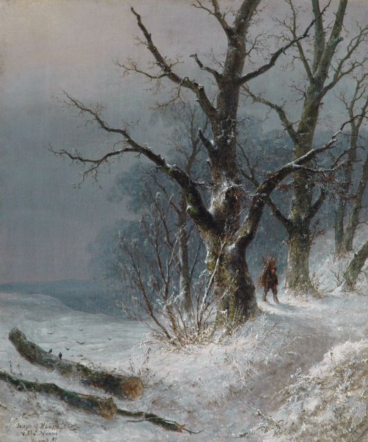 J.G. Hans | Houtsprokkelaar in de sneeuw, olieverf op doek, 55,3 x 46,2 cm, gesigneerd l.o. en gedateerd '87