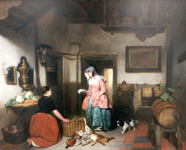 Huib van Hove | Interieur met vrouw  die brief voorleest, olieverf op paneel, 44,2 x 56,0 cm, gesigneerd l.o. en gedateerd 1852