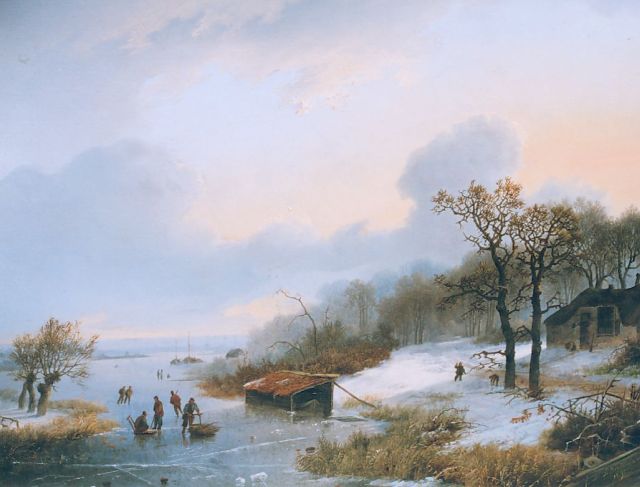 Marinus Adrianus Koekkoek I | Winterlandschap met schaatsers op bevroren rivier, olieverf op paneel, 28,2 x 36,0 cm, gesigneerd r.o. en gedateerd 1842
