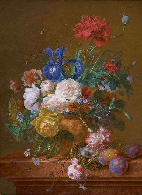 Willem van Leen | Stilleven met bloemen en vogelnest, olieverf op paneel, 56,9 x 41,6 cm, gesigneerd r.o. en gedateerd 1819