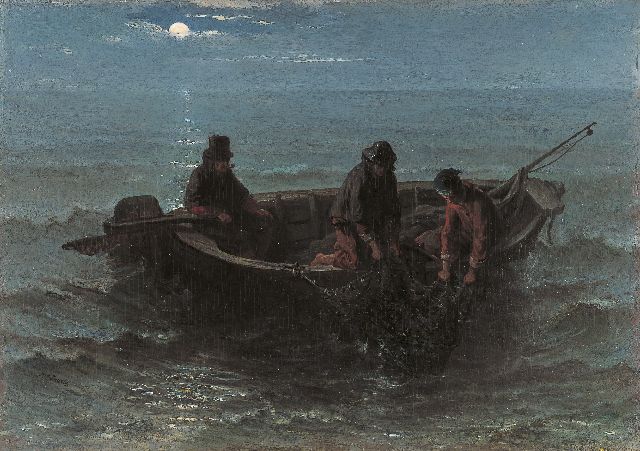 Israëls J.  | Het binnenhalen van de vangst bij maanlicht, olieverf op paneel 32,5 x 46,1 cm, gesigneerd l.o. en te dateren ca. 1861-1864