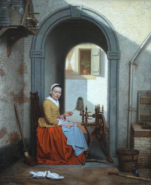 Antoon François Heijligers | Jonge vrouw aan het spinnewiel, olieverf op paneel, 29,0 x 23,0 cm, gesigneerd r.o.