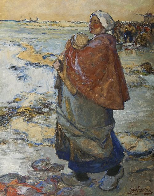 Hans von Bartels | Moeder met kind, wachtend op het strand, gouache op papier, 98,8 x 80,0 cm, gesigneerd r.o.