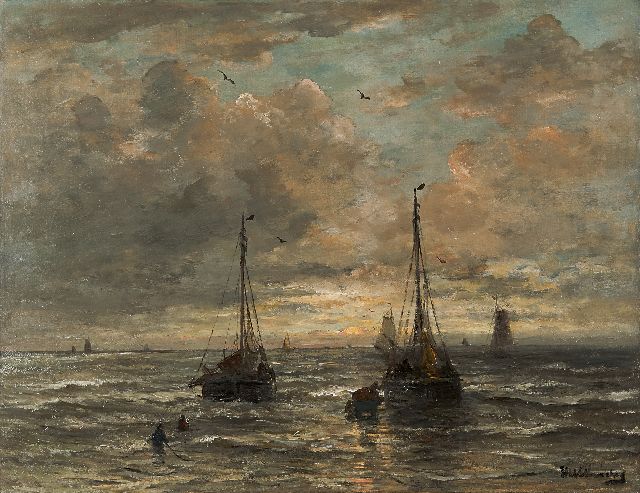 Hendrik Willem Mesdag | Het uitladen van de vangst, Scheveningen, olieverf op doek, 69,0 x 88,2 cm, gesigneerd r.o.