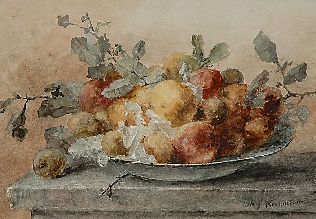 Margaretha Roosenboom | Stilleven met fruit en takjes op een schaal, aquarel en gouache op papier, 46,6 x 66,3 cm, gesigneerd r.o.