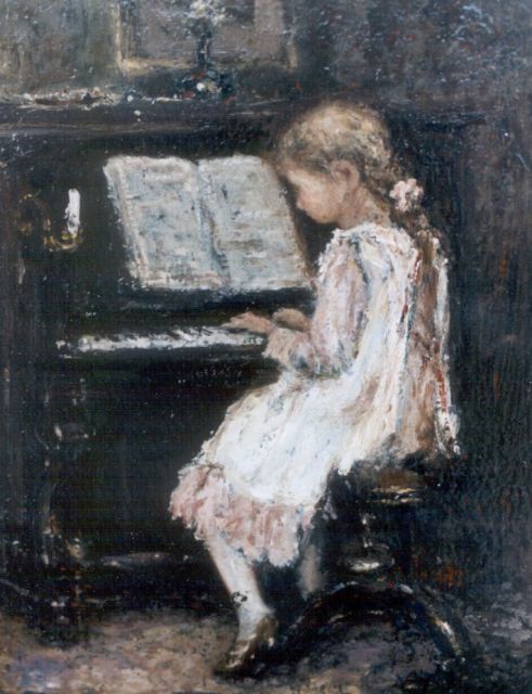 Jacob Maris | Meisje aan de piano, olieverf op paneel, 20,0 x 15,2 cm, gesigneerd r.o.