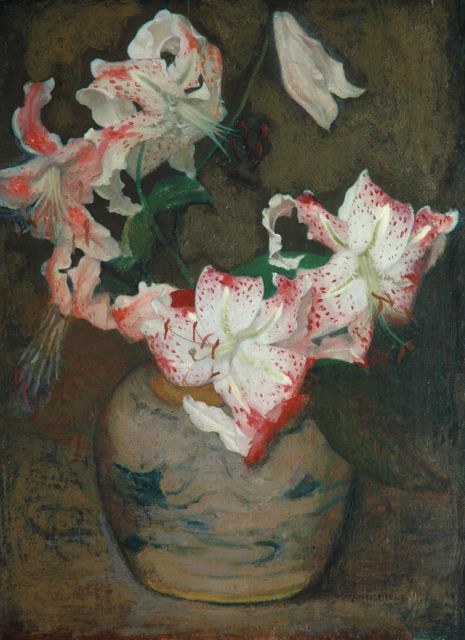 Marie Wandscheer | Bloemstilleven met tijgerlelies, olieverf op paneel, 41,2 x 30,4 cm, gesigneerd r.o.