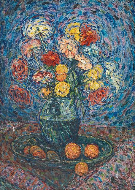 Nico van Rijn | Stilleven met bloemen en fruit, olieverf op paneel, 53,2 x 38,3 cm