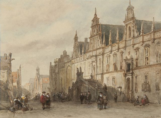 Carel Jacobus Behr | Gezicht op het stadhuis van Leiden, aquarel op papier, 24,0 x 31,7 cm, gesigneerd r.o. en gedateerd 1860