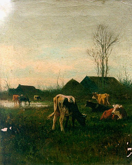 Willem Frederik Hulk | Koeien bij de boerderij, olieverf op doek, 30,3 x 25,8 cm