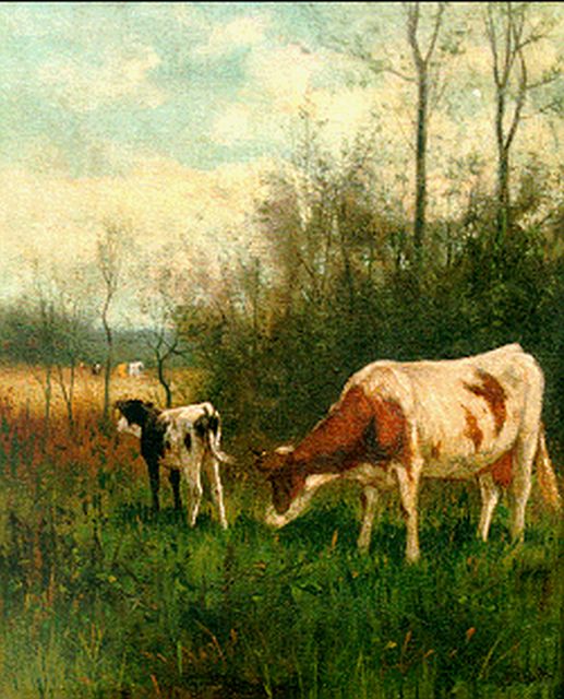 Willem Frederik Hulk | Koeien aan de bosrand, olieverf op doek, 30,3 x 25,4 cm