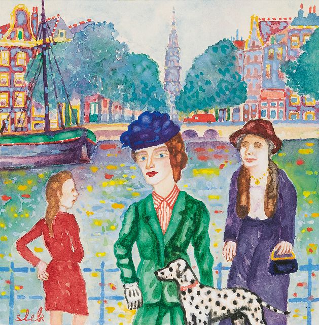 Ferry Slebe | Drie vrouwen en een dalmatiër in Amsterdam, aquarel op papier, 25,4 x 25,2 cm, gesigneerd l.o.