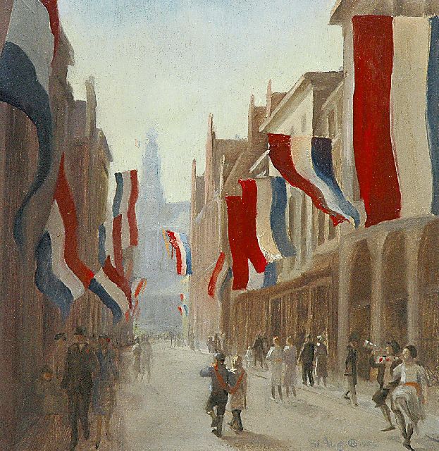 Roelf Gerbrands | Feest in de Jansstraat, Haarlem, voor de geboorte van Prinses Irene op 5 augustus 1939, olieverf op paneel, 22,4 x 22,0 cm, gesigneerd r.o. met monogram en gedateerd 31 Aug. 1939
