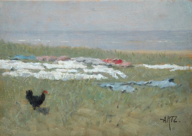 David Artz | Zwart kipje op bleekveld in de duinen, olieverf op paneel, 17,9 x 25,0 cm, gesigneerd r.o.