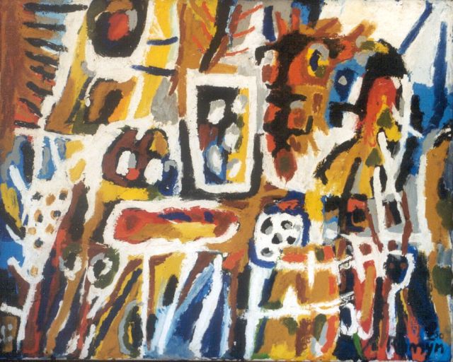 Gust Romijn | Compositie, olieverf op doek, 80,0 x 100,0 cm, gesigneerd r.o. en verso en gedateerd '50 r.o. en verso