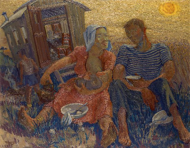 Henk Melgers | Rustende loonarbeidersfamilie, olieverf op doek, 72,0 x 92,0 cm, gesigneerd l.o.