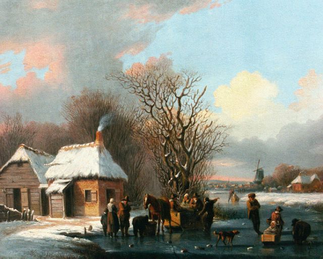 Jacobus van der Stok | Bedrijvigheid op bevroren vaart, olieverf op paneel, 22,3 x 27,0 cm, gesigneerd op kar
