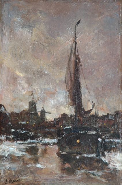 Jacob Maris | Gezicht op Schiedam op een winterse avond, olieverf op paneel, 35,9 x 23,6 cm, gesigneerd l.o.