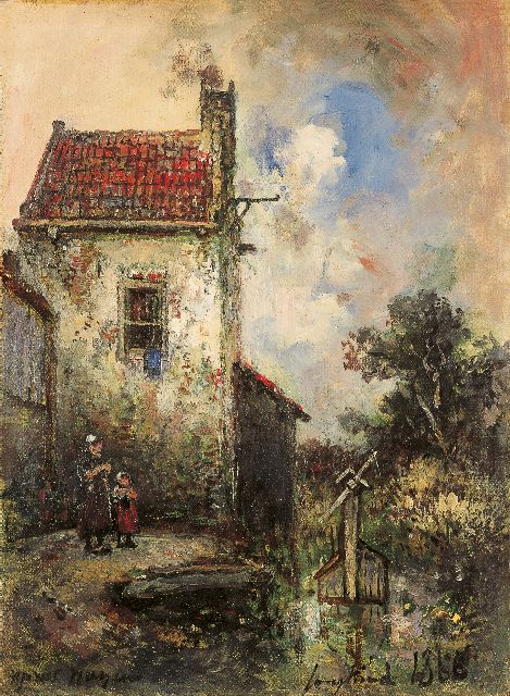 Johan Barthold Jongkind | Twee kinderen bij een huis, olieverf op doek, 33,0 x 24,8 cm, gesigneerd r.o. en gedateerd 1868