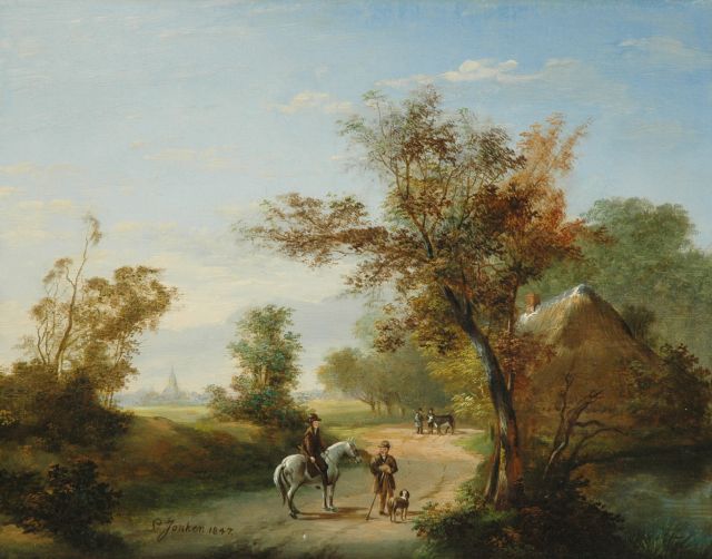 Jonker L.  | Zomerlandschap met landvolk en reiziger te paard, olieverf op paneel 32,8 x 41,3 cm, gesigneerd l.v.h.m. en gedateerd 1847