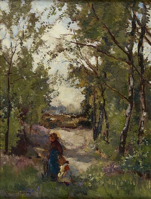 Johannes Evert Akkeringa | Aan de hand van moeder in het bos, olieverf op doek, 33,3 x 24,6 cm, gesigneerd l.o.