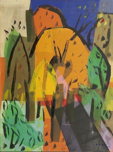 Jan van der Zee | Compositie - Boomgaard, monotype; chablonedruk en inkt op papier, 64,8 x 47,9 cm, gesigneerd r.o. en gedateerd '54