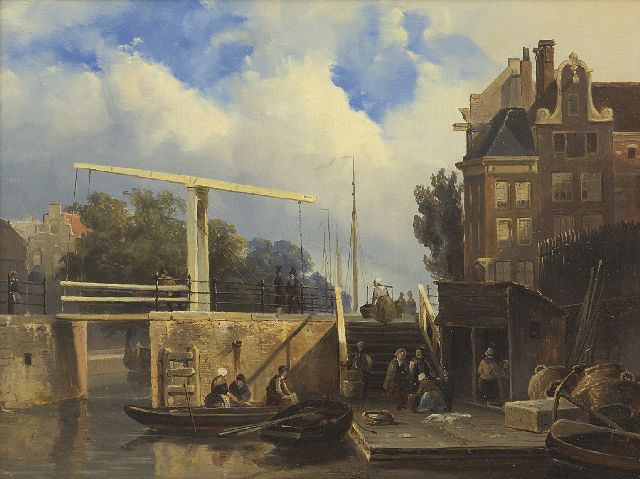 Cornelis Springer | Gezicht op de Delftse Vaart te Rotterdam (olieverf studie), olieverf op paneel, 21,9 x 28,4 cm, 1848