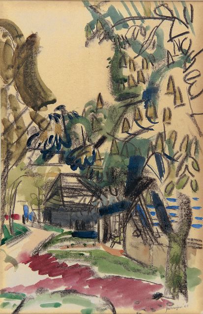 Jan Wiegers | Landweg met huizen en bomen, zwart krijt en aquarel op papier, 38,4 x 25,2 cm, gesigneerd r.o. en gedateerd '56