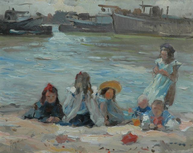 August van Voorden | Spelende kinderen op de oever, olieverf op paneel, 27,2 x 34,2 cm, gesigneerd l.o.