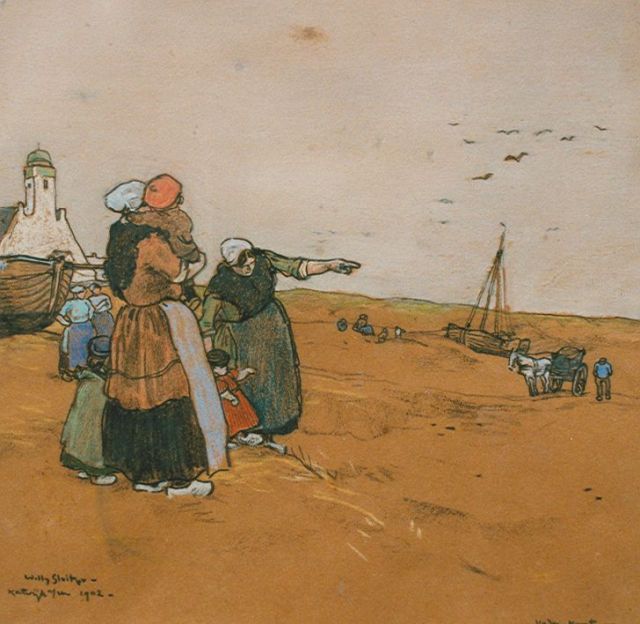 Willy Sluiter | In de duinen bij Katwijk 'Vader komt', gemengde techniek op papier, 26,0 x 26,0 cm, gesigneerd l.o.