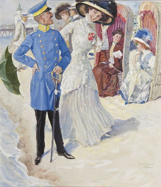 Oskar Arthur Bluhm | Ontmoeting aan het strand, krijt en gouache op papier, 37,0 x 32,2 cm, gesigneerd r.o. en te dateren ca. 1909