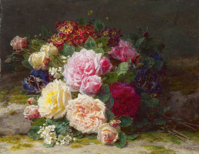 Jean-Baptiste Robie | Boeket met rozen op de bosgrond, olieverf op paneel, 41,5 x 53,2 cm, gesigneerd r.o.