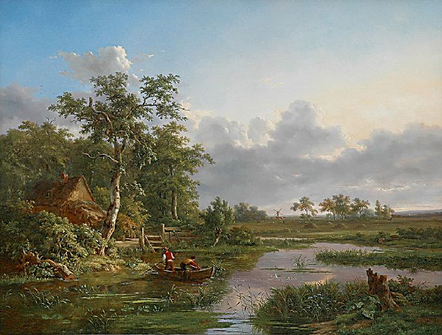Jean-Baptiste Coene | Romantisch landschap met boerderij en visser, olieverf op doek, 99,7 x 130,0 cm, gesigneerd r.o. en gedateerd 1851