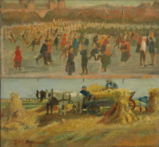 Brienen J.  | Schaatspret op het Museumplein in Amsterdam; verso: Oogstende boeren, olieverf op paneel 28,5 x 54,3 cm, gesigneerd l.o. en verso
