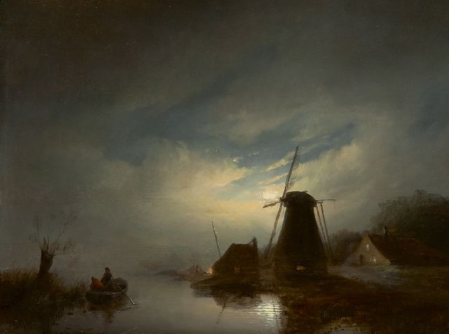 Willem Vester | Rivierlandschap met molen bij maanlicht, olieverf op paneel, 28,1 x 37,2 cm, gesigneerd l.o.