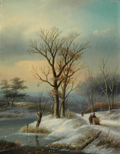 Jan Jacob Spohler | Figuren met duwslede op besneeuwd winters bospad, olieverf op doek, 38,6 x 30,7 cm