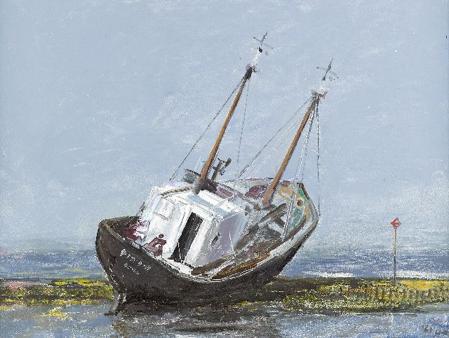 Harm Kamerlingh Onnes | Drooggevallen vissersboot, olieverf op board, 30,7 x 40,7 cm, gesigneerd r.o. met monogram en gedateerd '61