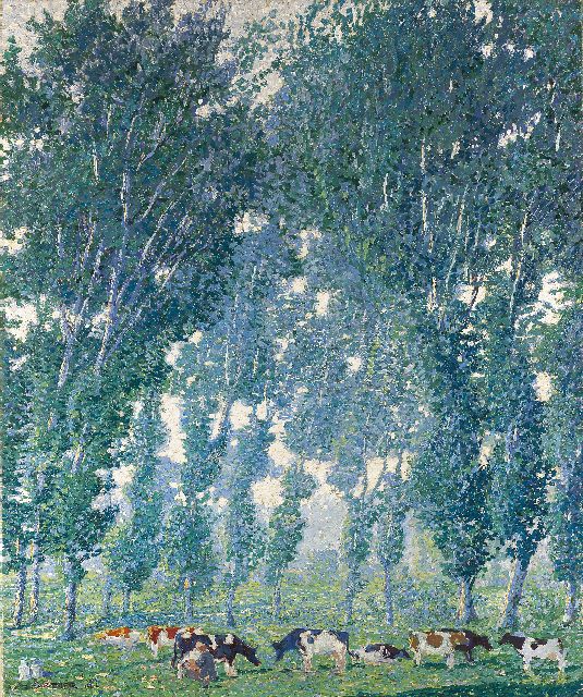 Gärtner F.A.  | Morgen; koeien onder populieren aan de Nederrijn, olieverf op doek 90,3 x 75,7 cm, gesigneerd l.o. en gedateerd 1916